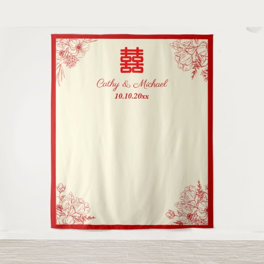 Chinese bruiloft rood beige bloemfoto achtergrond wandkleed (Voorkant)