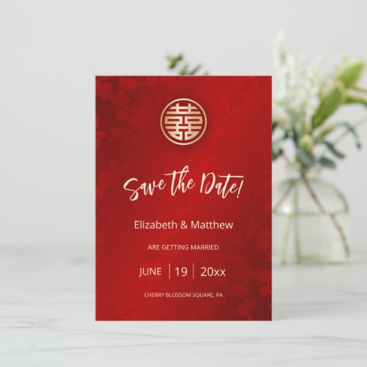 Chinese bruiloft rood goud save the date (Staand voorkant)