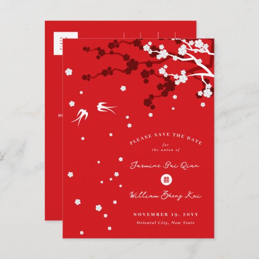 Chinese bruiloft Sakura Chic Swallows Save The Dat Aankondigingskaart (Voorkant / Achterkant)