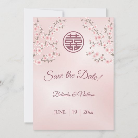 Chinese bruiloft stoffige roze kersenbloesem save the date (Voorkant)