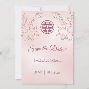 Chinese bruiloft stoffige roze kersenbloesem save the date