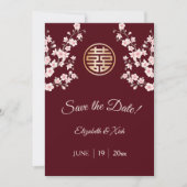 Chinese bruiloft stoffige roze maroon kersenbloese save the date (Voorkant)