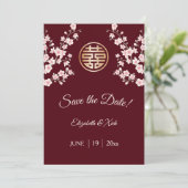 Chinese bruiloft stoffige roze maroon kersenbloese save the date (Staand voorkant)