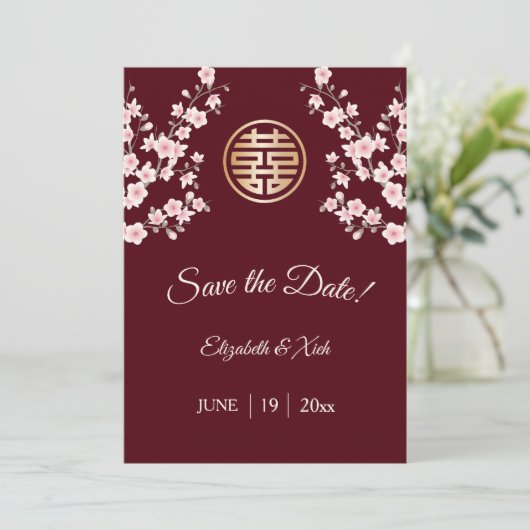 Chinese bruiloft stoffige roze maroon kersenbloese save the date (Staand voorkant)