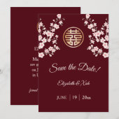 Chinese bruiloft stoffige roze maroon kersenbloese save the date (Voorkant / Achterkant)