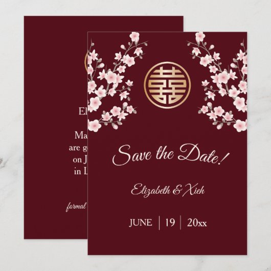 Chinese bruiloft stoffige roze maroon kersenbloese save the date (Voorkant / Achterkant)
