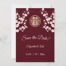 Chinese bruiloft stoffige roze maroon kersenbloese save the date