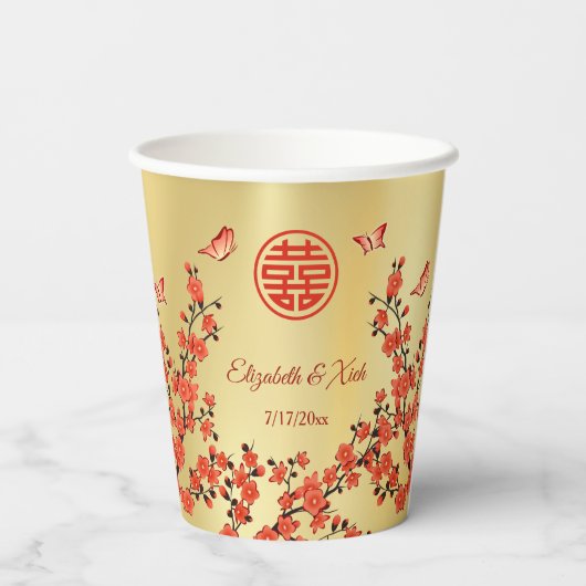 Chinese bruiloft Tea Ceremony Cherry Blossom Custo Papieren Bekers (Achterkant)