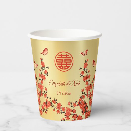 Chinese bruiloft Tea Ceremony Cherry Blossom Custo Papieren Bekers (Voorkant)