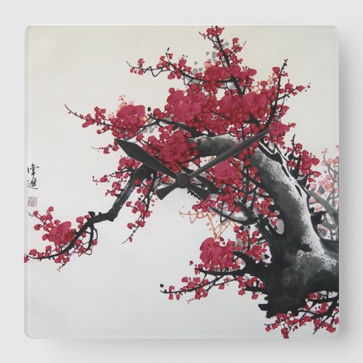 Chinese Cherry Blossom Vierkante Klok (Voorkant)