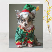 Chinese Crested Elf Puppy Kerst Kaart (Gele Bloem)
