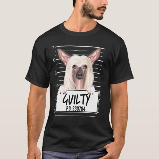 Chinese Crested Mugshot Schuldige Hond T-shirt (Voorkant)