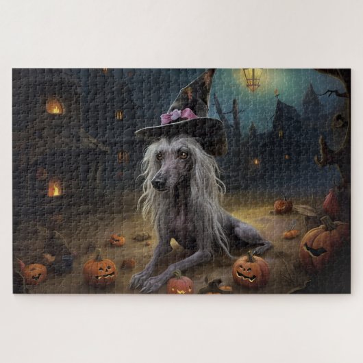Chinese Crested Pompoenen Halloween Griezelen Legpuzzel (Horizontaal)