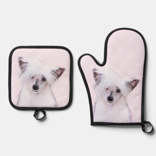 Chinese Crested Powderpuff Witte Schilderij Hond A Ovenwant & Pannenlap Set (Voorkant)
