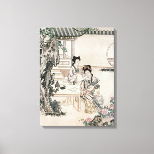 Chinese dames in een tuin canvas afdruk