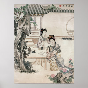 Chinese dames in een tuin poster