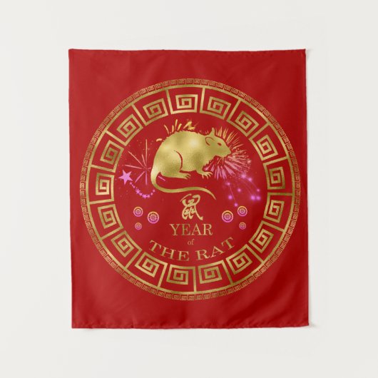 Chinese Dierenriem Rat Rood/Goud ID542 Wandkleed (Voorkant)