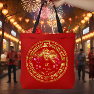 Chinese Dierenriem Tijger Rood/Goud ID542 Tote Bag