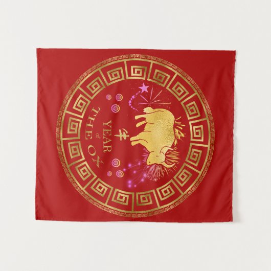 Chinese Dierriem Ox Rood/Goud ID542 Wandkleed (Voorkant (horizontaal))