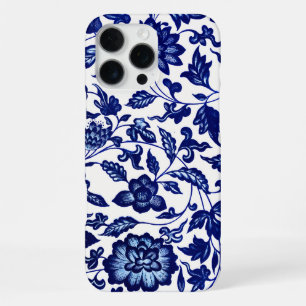 Chinese donker marineblauw bloempatroon op wit iPhone 16 pro max hoesje