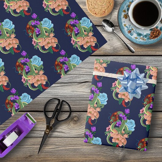 Chinese Draak en Bloemen Cadeaupapier