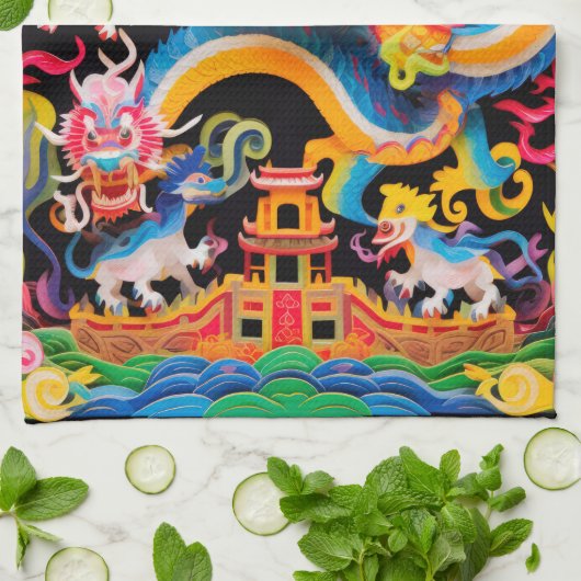 Chinese draak gelaagde papierafdekking effect theedoek (Gevouwen)