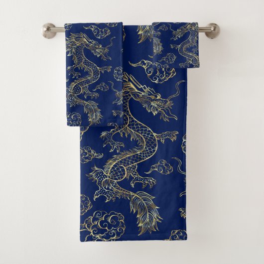Chinese Draak Goud en Donkerblauw Bad Handdoek (Insitu)
