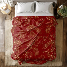 Chinese Draak Goud en Donkerrood Fleece Deken