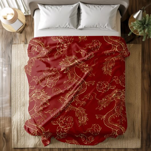 Chinese Draak Goud en Donkerrood Fleece Deken