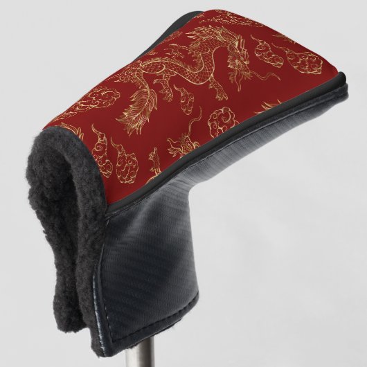 Chinese Draak Goud en Donkerrood Golfheadcover (3/4 voorkant)