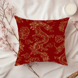 Chinese Draak Goud en Donkerrood Kussen