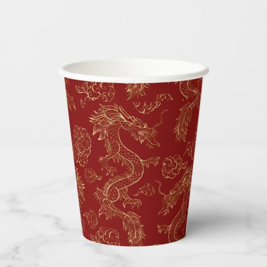 Chinese draak in goud op rood papieren bekers (Achterkant)