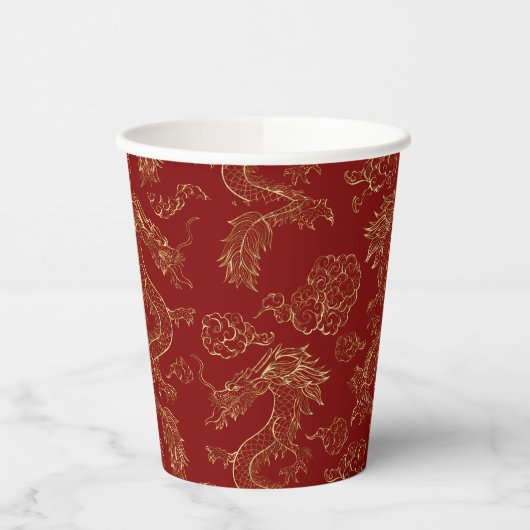 Chinese draak in goud op rood papieren bekers (Links)