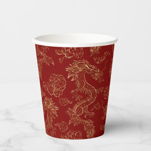 Chinese draak in goud op rood papieren bekers (Voorkant)