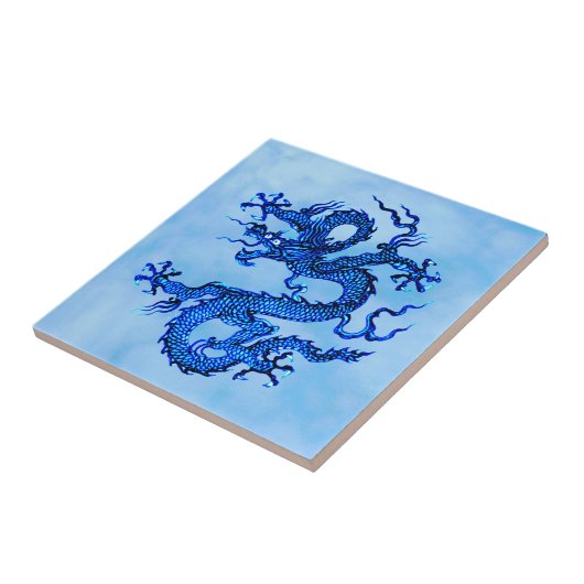 Chinese draak, indigotonnen en parelblauwe keramis tegeltje (Zijkant)