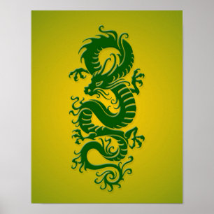 Chinese draak met groene en gele tribale poster