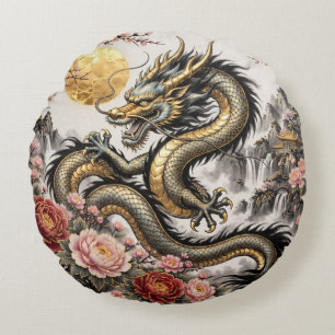 Chinese Draak met Pioenrozen en Volle Maan – Goud Rond Kussen