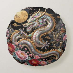 Chinese Draak met Volle Maan en Pioenrozen – Moede Rond Kussen