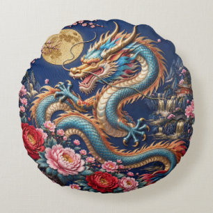Chinese Draak met Volle Maan en Pioenrozen – Zijde Rond Kussen