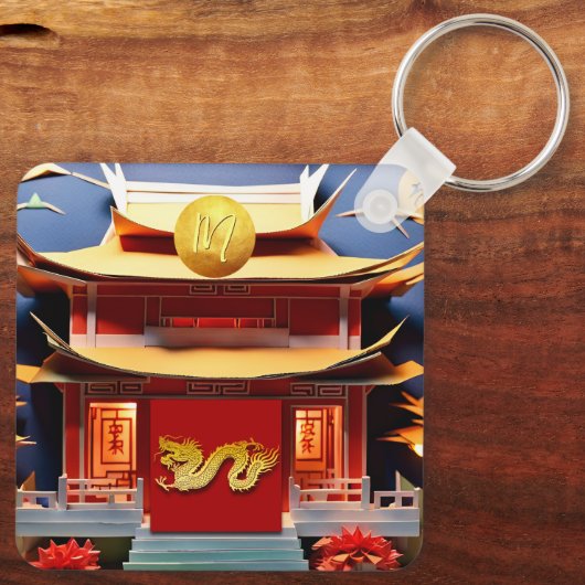 Chinese Draak Nieuwjaar Monogram SqK Sleutelhanger (Achterkant)
