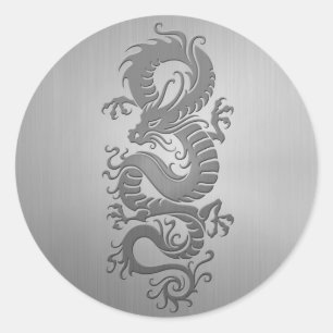 Chinese draak, roestvrij staaleffect ronde sticker