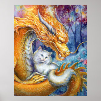 Chinese Draak & Witte Kat in Watercolor Bos Poster