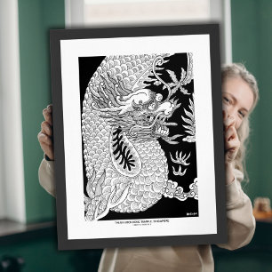Chinese Draak Zwart Wit Inkt Schets Poster
