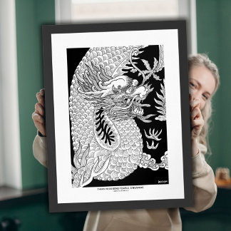 Chinese Draak Zwart Wit Inkt Schets Poster