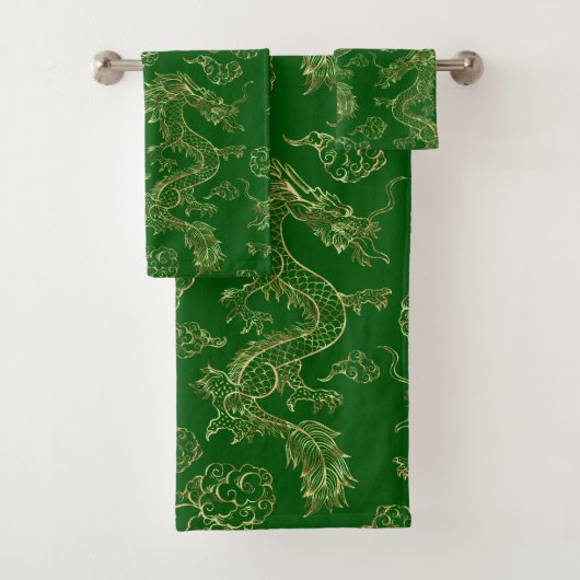 Chinese Dragon Gold and Dark Green Bad Handdoek (Insitu)
