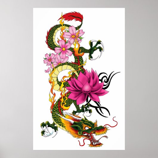 Chinese Dragon Lotus Kersenbloesem Poster (Voorkant)