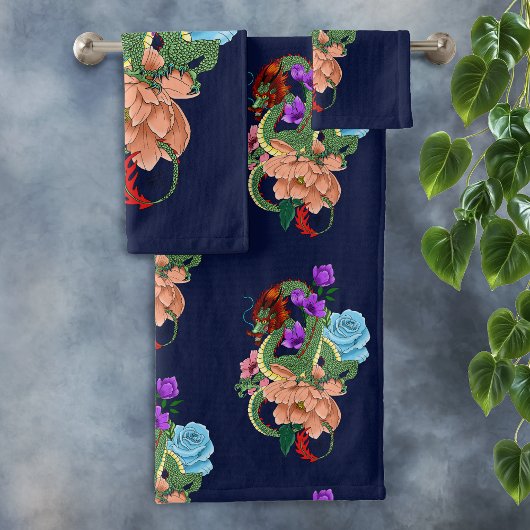 Chinese Dragon Marine Blauwe Bloemen Bad Handdoek