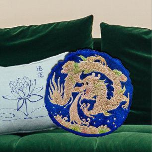 Chinese Dragon op kobaltblauw rond Sierkussen Kussen