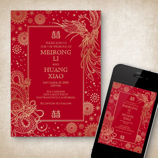 Chinese Dragon Phoenix bruiloft uitnodiging