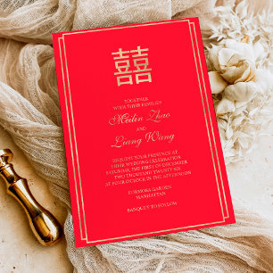 Chinese Dubbel Geluk Aziatische Huwelijksrood & Go Folie Uitnodiging